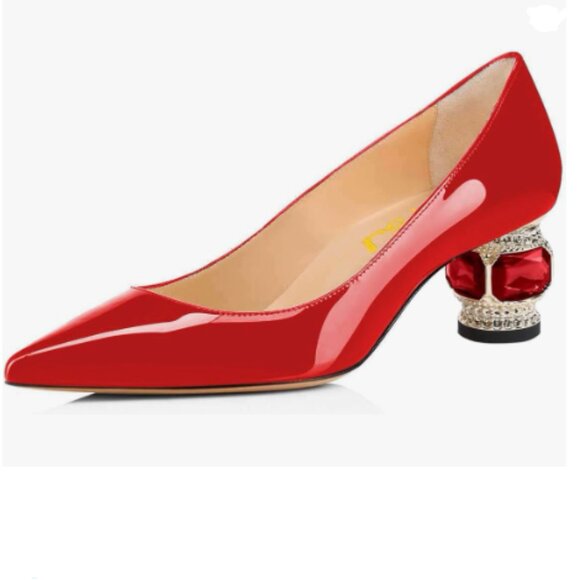 FSJ Red Bridal Pointed Toe Chunky Low Heel Crystal Pumps Slip on Wedding Shoes - Picture 1 of 8